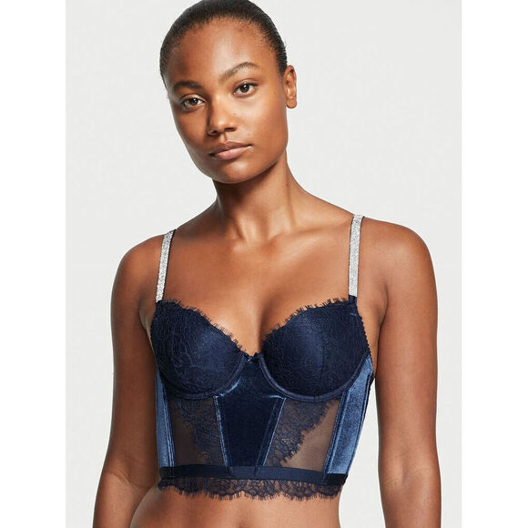 Victoria's Secret LONGLINE 34D,36D BRA SET CORSET+ROBE VELVET Velour NAVY BLUE - Picture 11 of 11